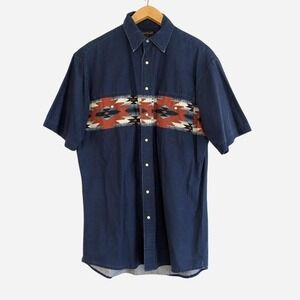 Vintage 90s Rustler Wrangler Southwestern Aztec Panel Snap Shirt Navy LT